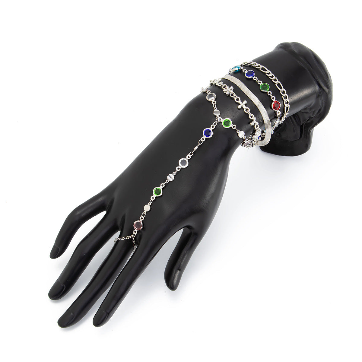 detailed close up of the bohemian chain link finger ring bracelet with high grade rhinestones