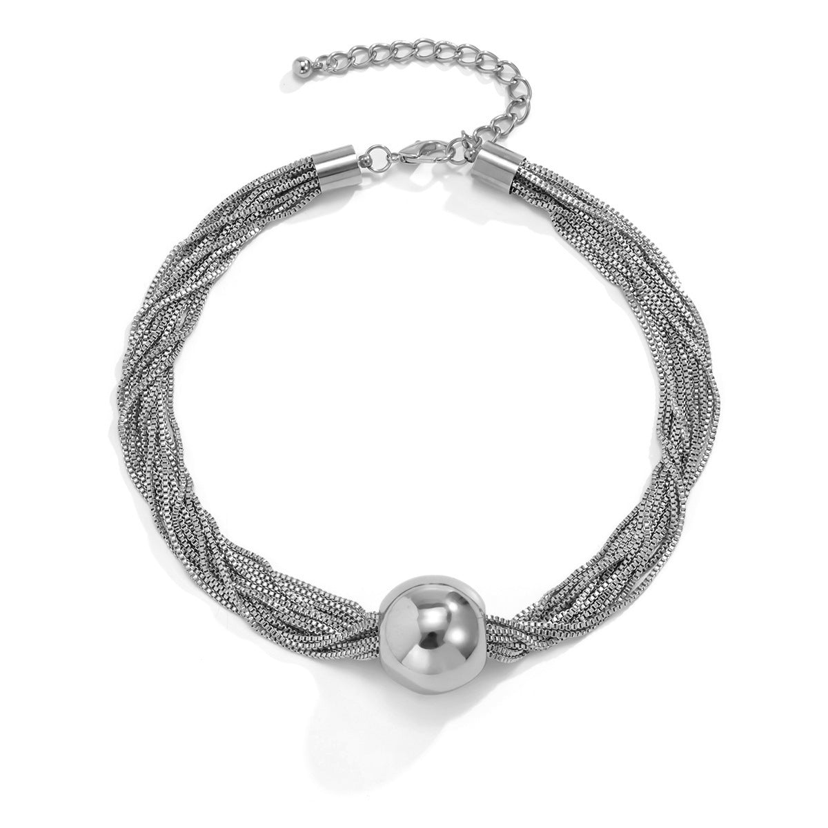 elegant minimalist multi strand layered chain necklace with metal beads on a clean background