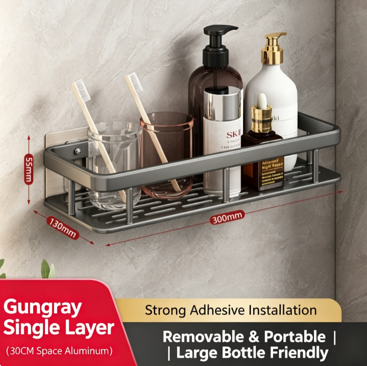 Premium No-Drill Space Aluminum Shower Caddy - Strong Suction Bathroom Shelf