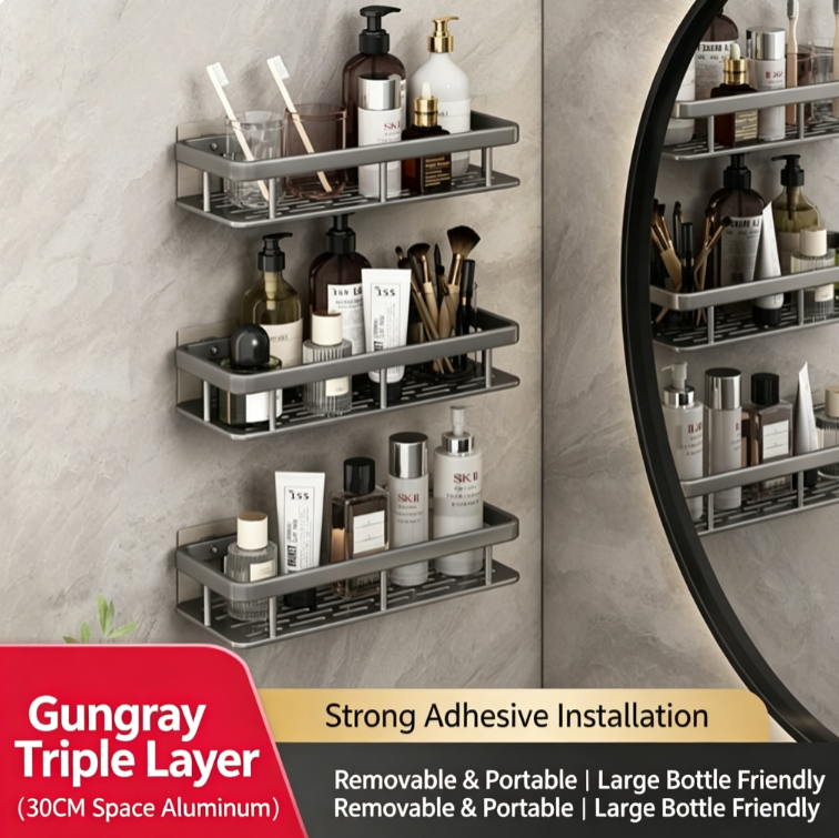Premium No-Drill Space Aluminum Shower Caddy - Strong Suction Bathroom Shelf
