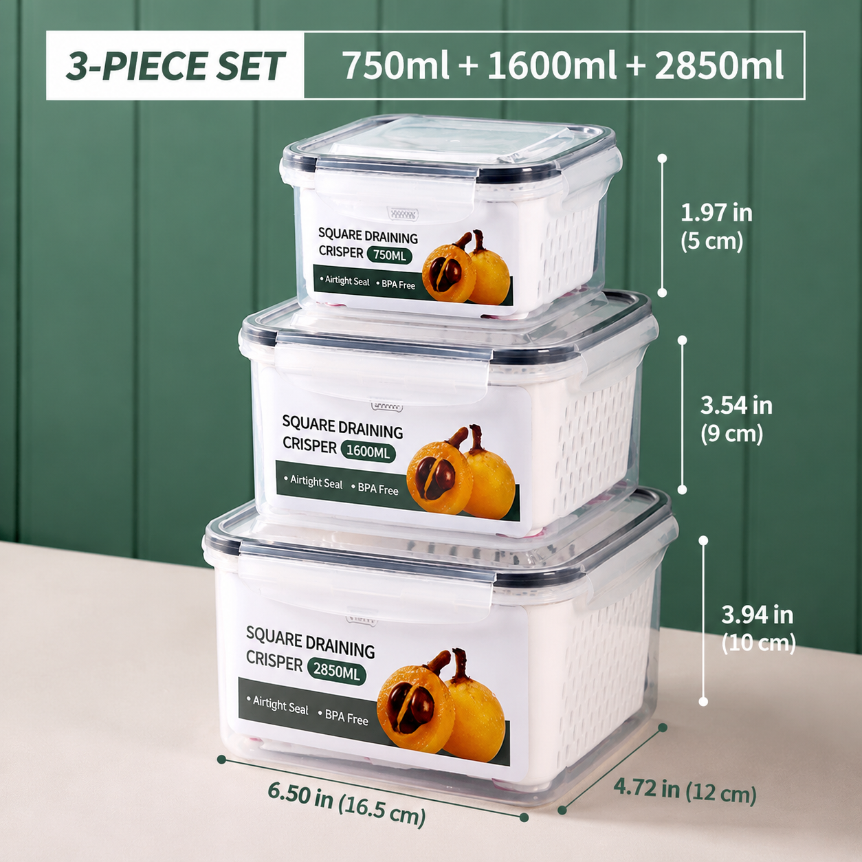 Premium 2-in-1 Fruit & Vegetable Storage Containers with Removable Drain Colander