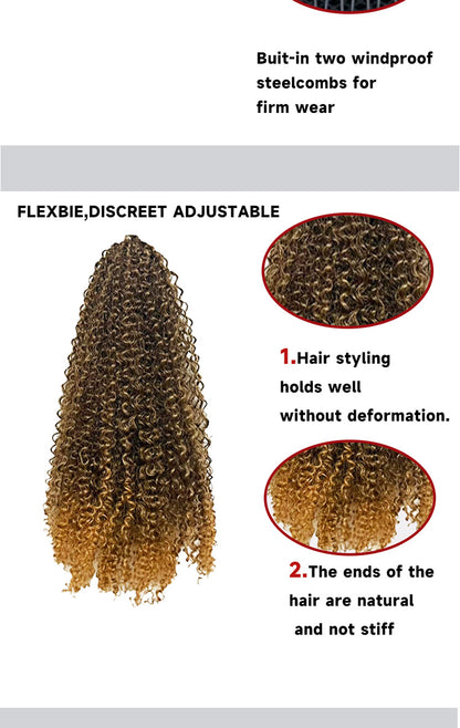 comprehensive drawstring ponytail feature chart displaying built in steel combs and non deforming hair styling