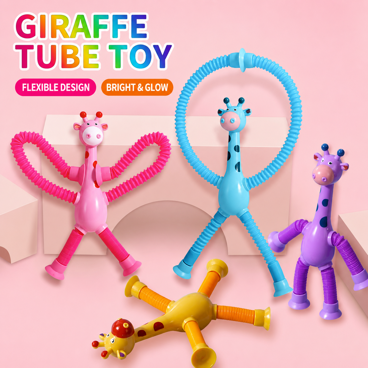 Glow-in-the-Dark LED Giraffe Pop Tubes Toy - 4-Pack Light Up Suction Cup Sensory Fidget Toys for Kids