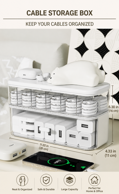 Premium Double-Layer Cable Management Box & Desktop Electronics Organizer