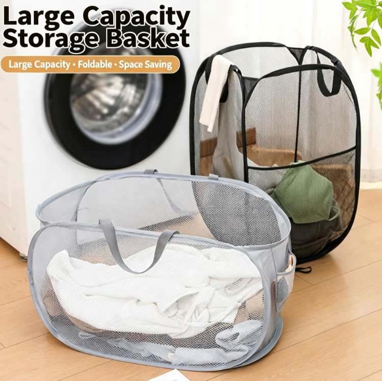 Premium Pop-Up Mesh Laundry Basket - Large Capacity Collapsible Clothes Hamper