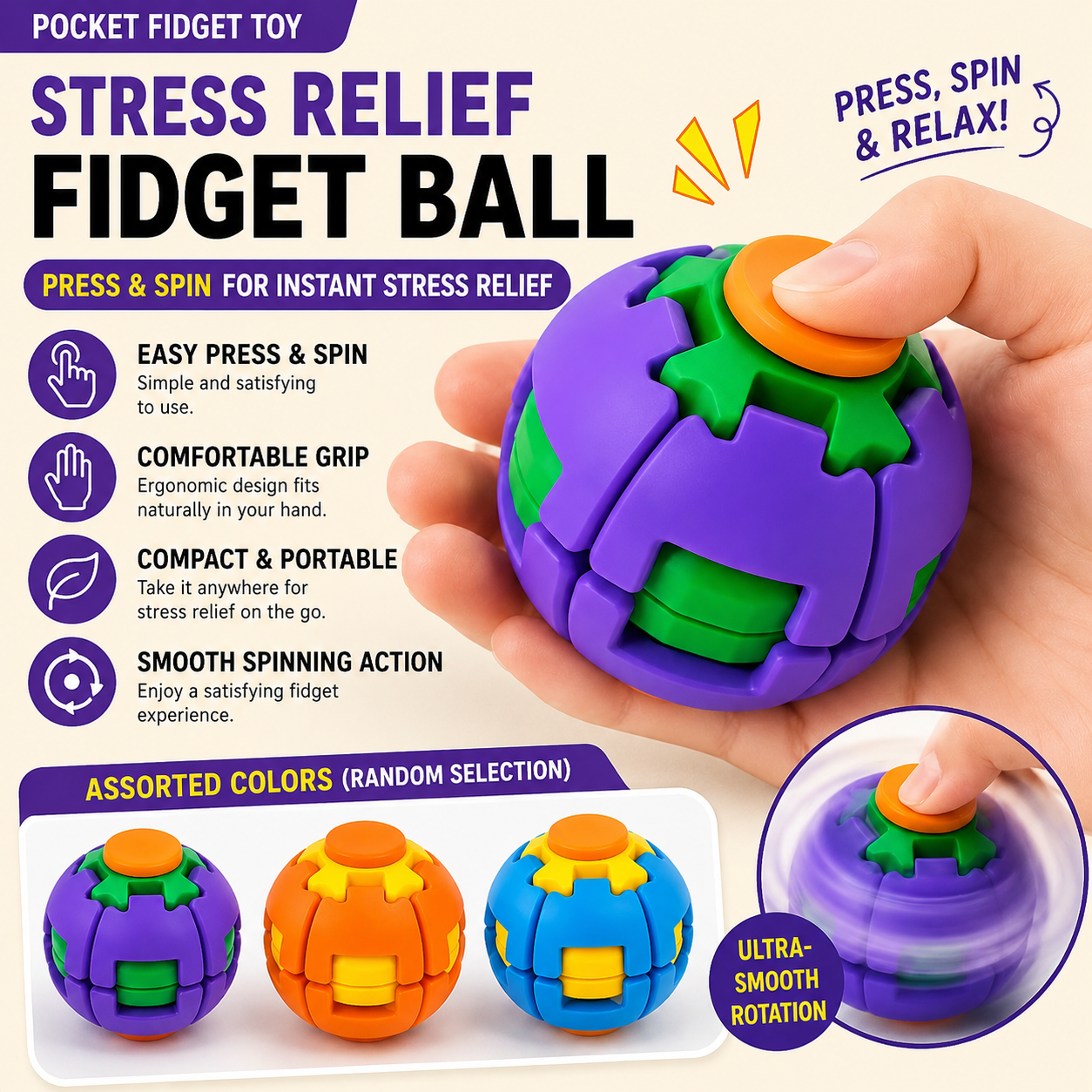 3D Decompression Press & Spin Fidget Ball – Ultimate Stress Relief & Focus Toy