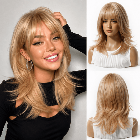 glamour layered long wavy wig with air bangs and matte heat resistant synthetic hair design