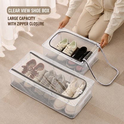 Premium Foldable Shoe Storage Box - Clear Stackable Shoe Organizer with Dual Handles