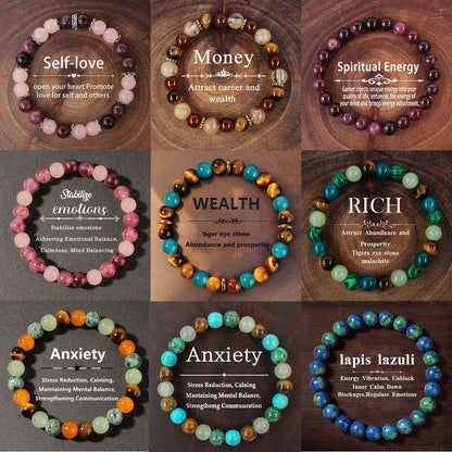 intention healing crystal bracelets with genuine natural gemstones tigers eye and amethyst beads for anxiety relief and manifestation