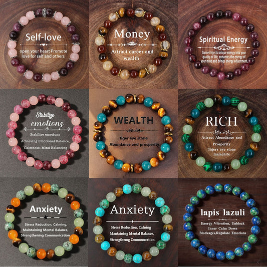 intention healing crystal bracelets with genuine natural gemstones tigers eye and amethyst beads for anxiety relief and manifestation