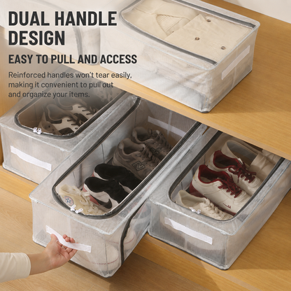 Premium Foldable Shoe Storage Box - Clear Stackable Shoe Organizer with Dual Handles