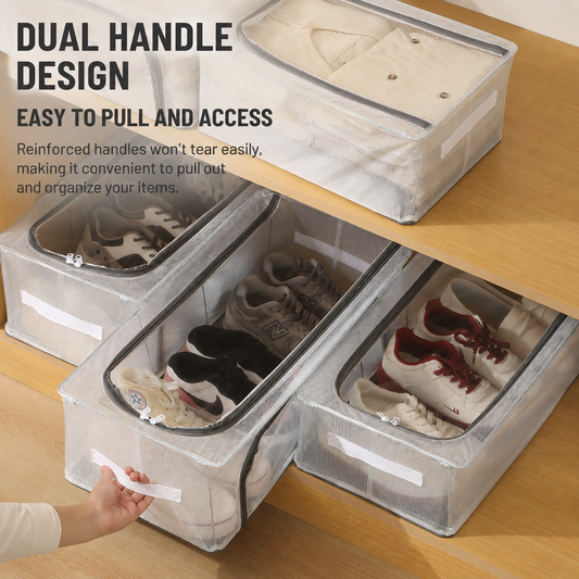 Premium Foldable Shoe Storage Box - Clear Stackable Shoe Organizer with Dual Handles