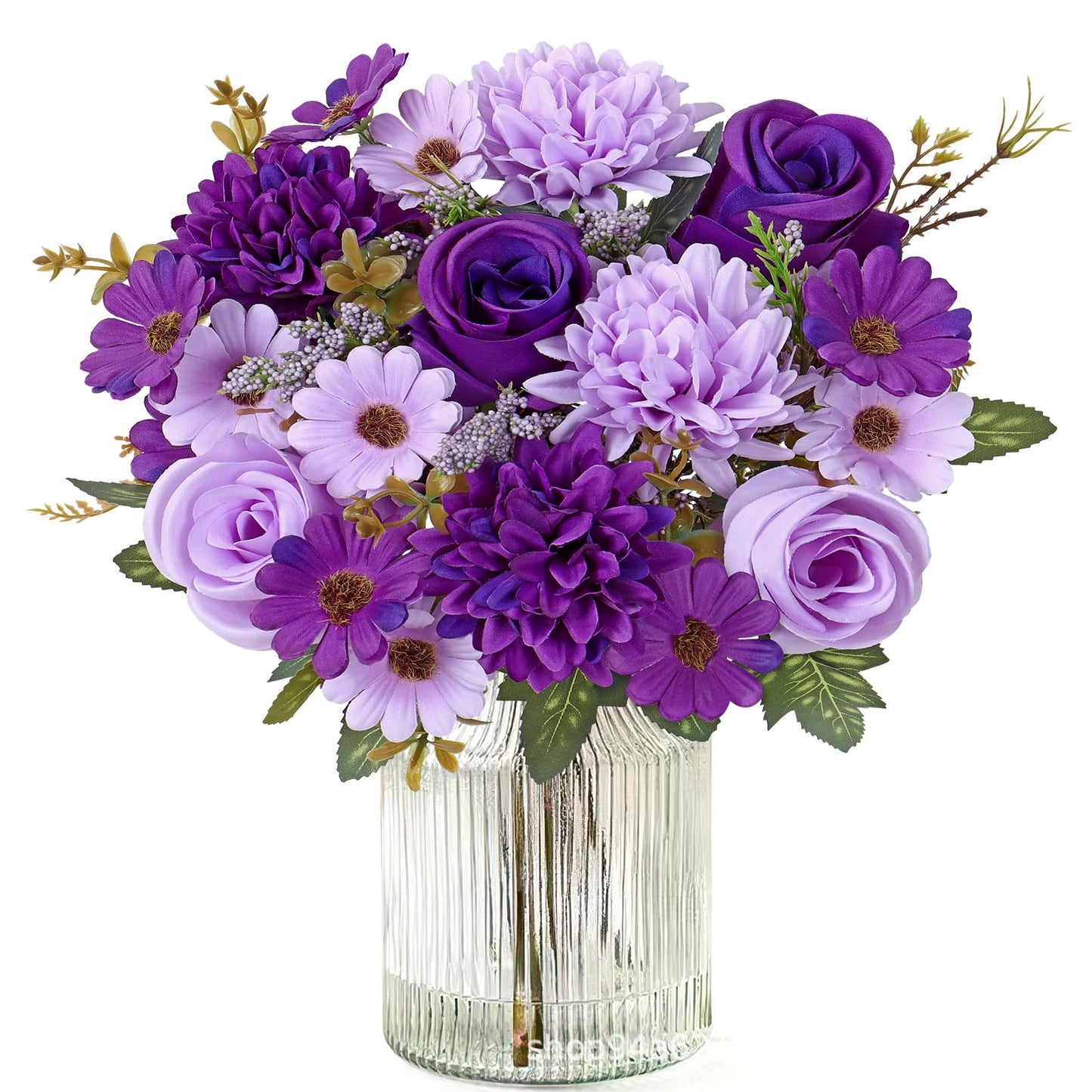 lavender mist silk flower bouquet with realistic faux purple roses and simulated wild white daisies for french country home decor