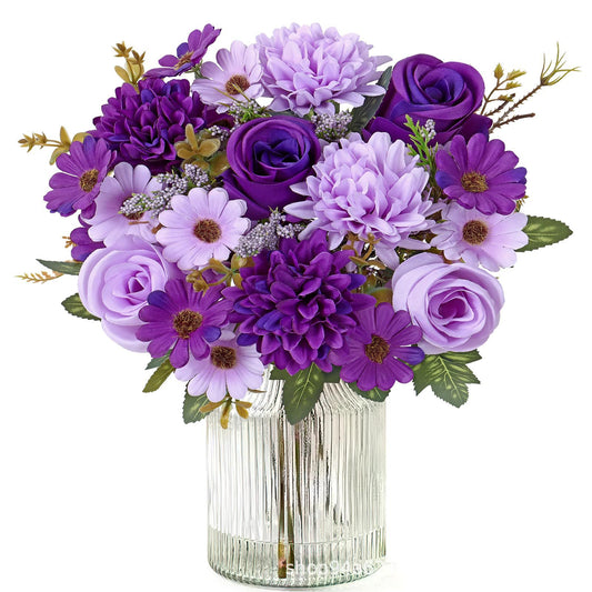 lavender mist silk flower bouquet with realistic faux purple roses and simulated wild white daisies for french country home decor