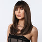 front view of the long straight dark brown synthetic wig with bangs worn by a model