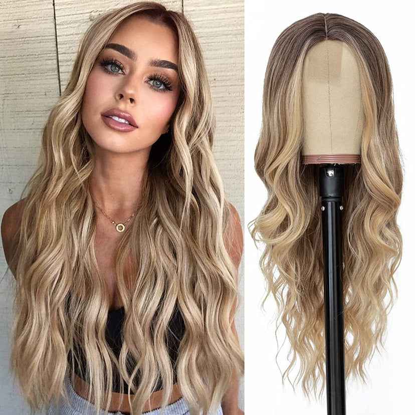 premium long wavy gradient blonde wig with 28 inch big wave synthetic hair and breathable rose net