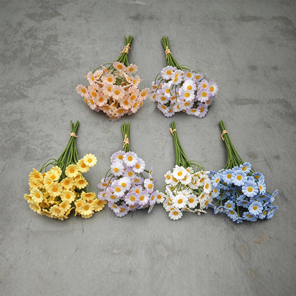 assorted color options for the realistic artificial daisy chamomile flower bouquets displayed on a grey background