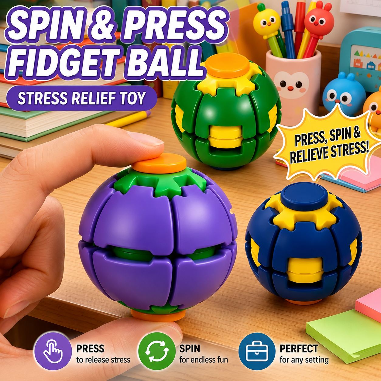 3D Decompression Press & Spin Fidget Ball – Ultimate Stress Relief & Focus Toy