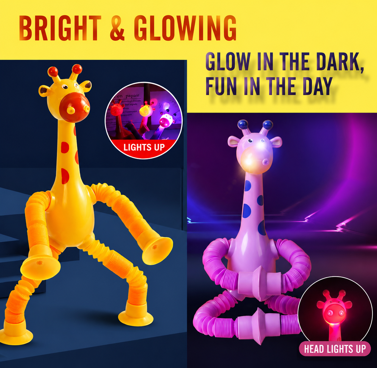Glow-in-the-Dark LED Giraffe Pop Tubes Toy - 4-Pack Light Up Suction Cup Sensory Fidget Toys for Kids