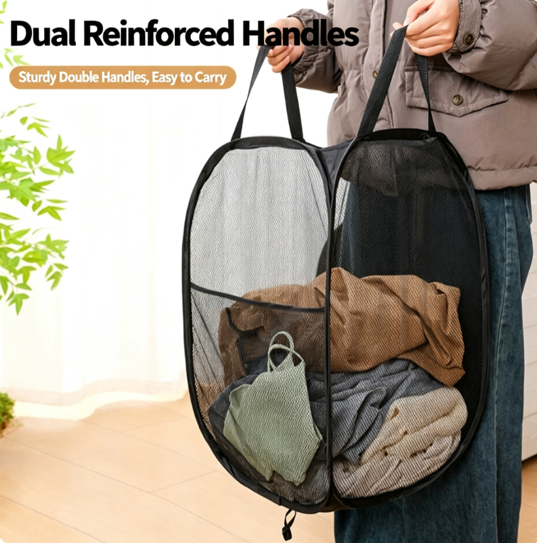 Premium Pop-Up Mesh Laundry Basket - Large Capacity Collapsible Clothes Hamper