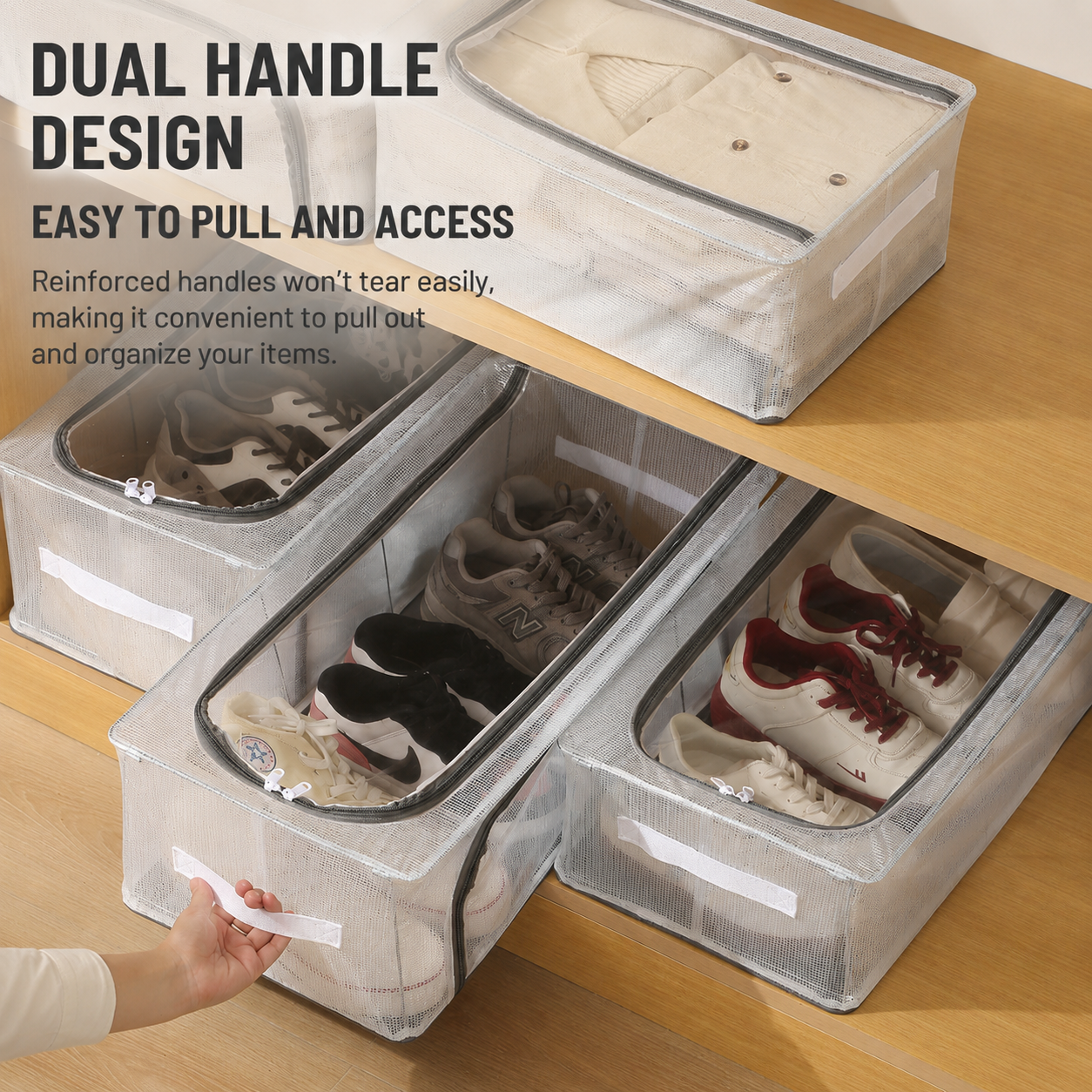 Premium Foldable Shoe Storage Box - Clear Stackable Shoe Organizer with Dual Handles