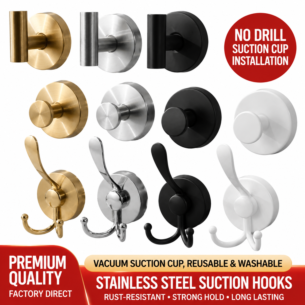 Heavy Duty Stainless Steel Vacuum Suction Cup Hooks – No-Drill Wall Mount Organizer