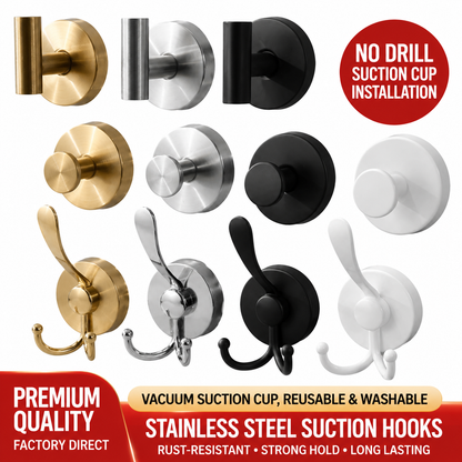 Heavy Duty Stainless Steel Vacuum Suction Cup Hooks – No-Drill Wall Mount Organizer