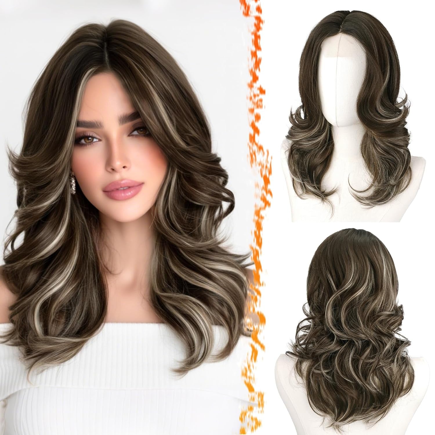 chic middle part layered wave wig with 14 inch shoulder length wavy synthetic hair and breathable rose net