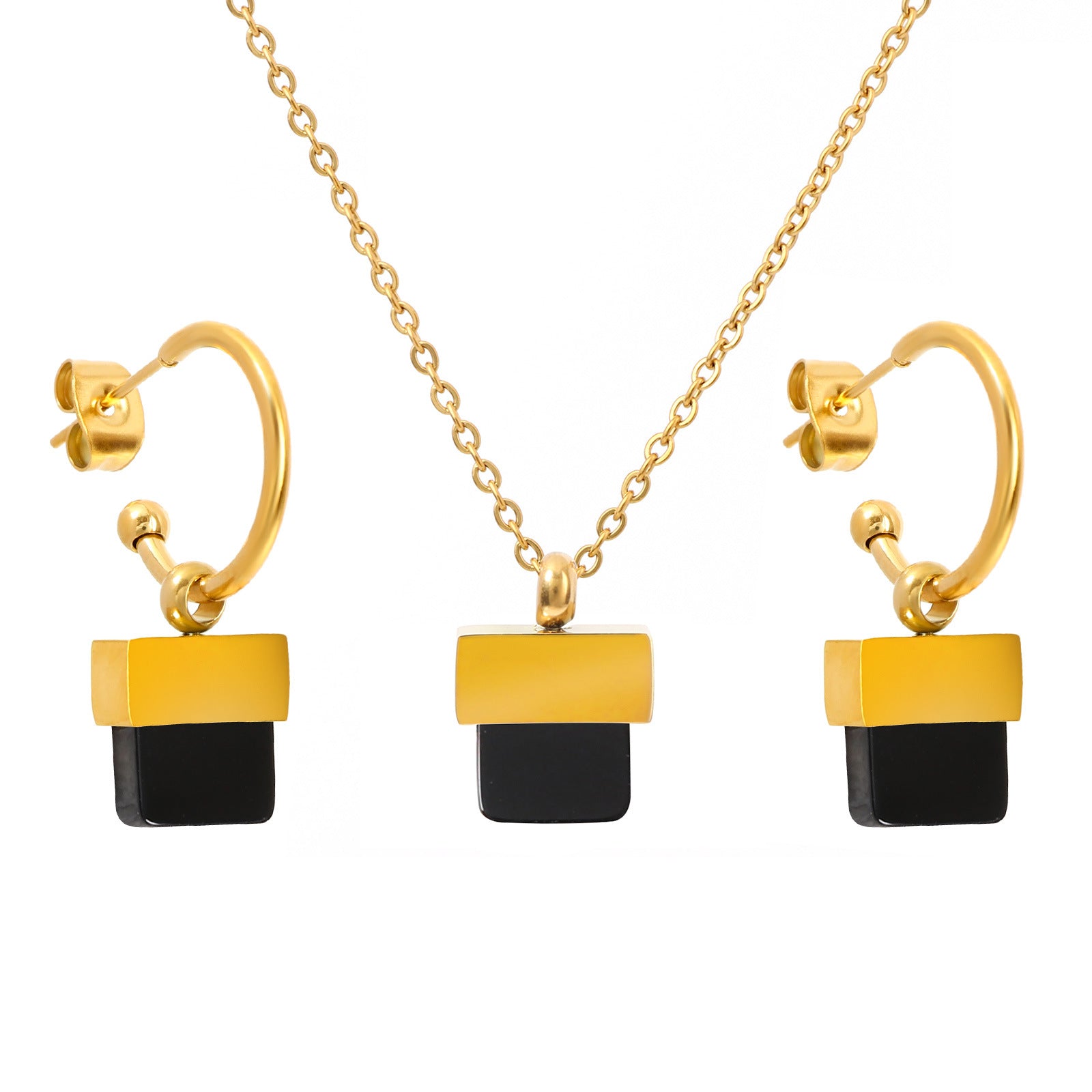 luxury geometric jewelry set featuring a gold pendant necklace and matching square black stone hoop earrings