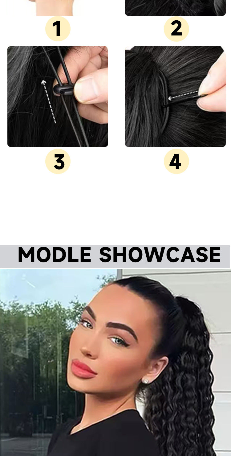comprehensive wear steps guide chart with premium model styling display for drawstring ponytail extension