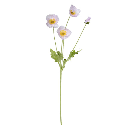 realistic faux silk poppy flowers in dreaming light purple color on a clean white background