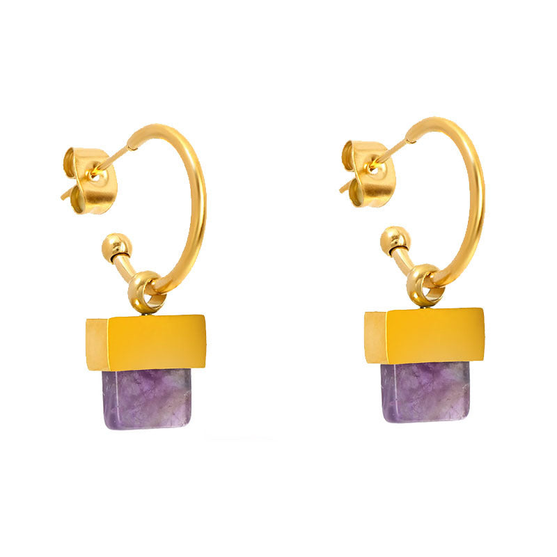 elegant gold chain necklace with a square purple natural stone geometric pendant on a clean background
