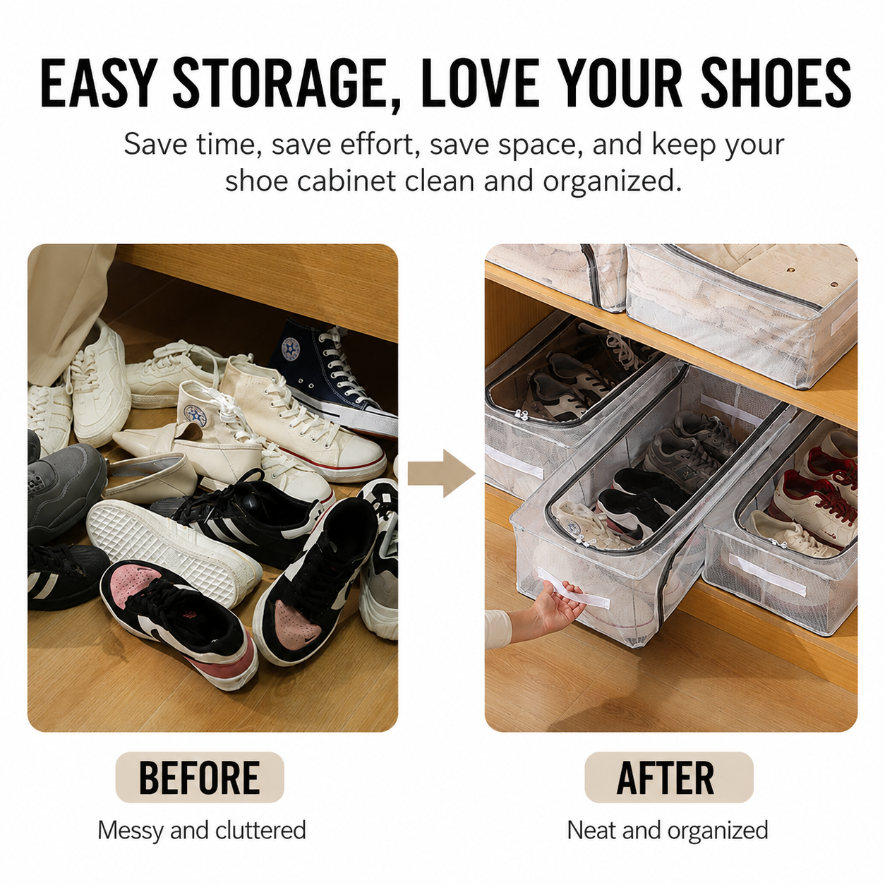 Premium Foldable Shoe Storage Box - Clear Stackable Shoe Organizer with Dual Handles