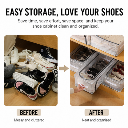 Premium Foldable Shoe Storage Box - Clear Stackable Shoe Organizer with Dual Handles
