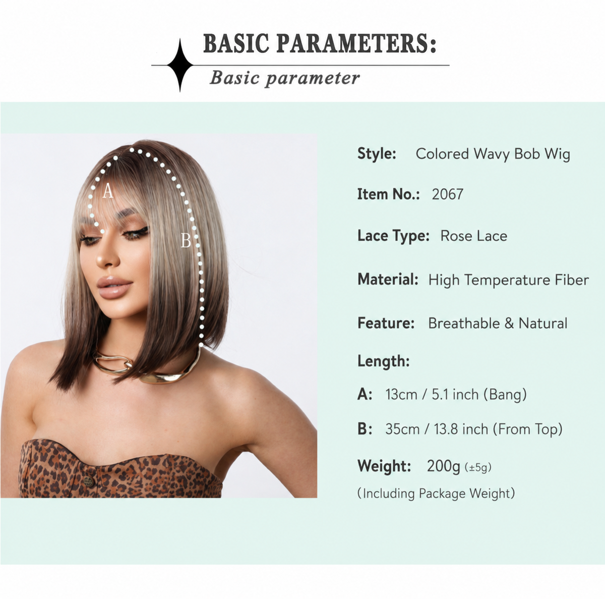 detailed basic parameters and sizing specification chart for the premium synthetic ombre bob wig with bangs