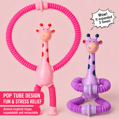 Glow-in-the-Dark LED Giraffe Pop Tubes Toy - 4-Pack Light Up Suction Cup Sensory Fidget Toys for Kids