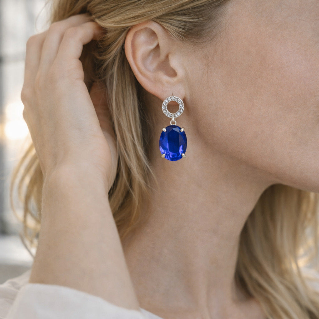 monarch royal blue drop earrings with s925 sterling silver and oval sapphire style cubic zirconia