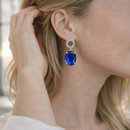 monarch royal blue drop earrings with s925 sterling silver and oval sapphire style cubic zirconia