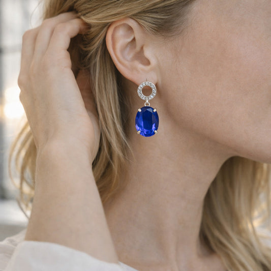 monarch royal blue drop earrings with s925 sterling silver and oval sapphire style cubic zirconia