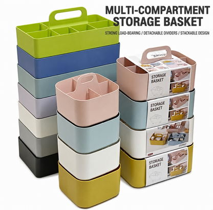 Stackable Multi-Compartment Storage Basket - Portable Plastic Organizer Caddy with Handle