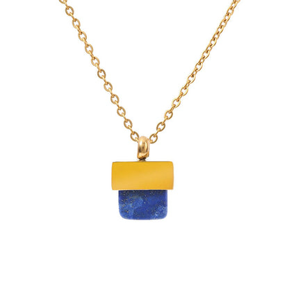elegant gold chain necklace with a square blue natural stone geometric pendant on a clean background