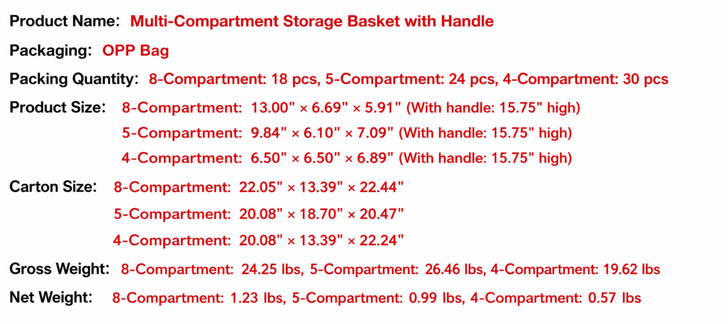 Stackable Multi-Compartment Storage Basket - Portable Plastic Organizer Caddy with Handle