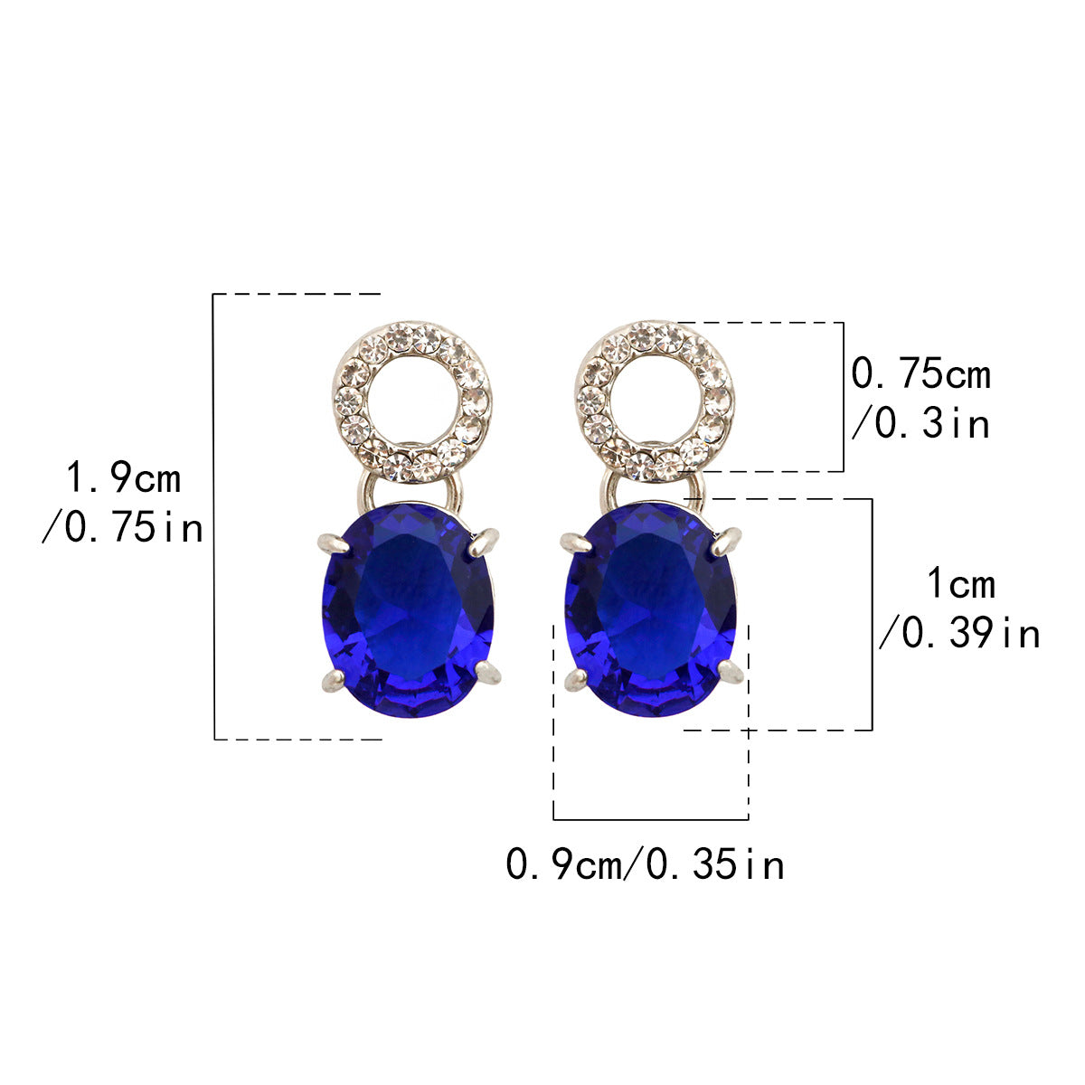 detailed size and dimension specification chart for the vintage blue stone stud earrings