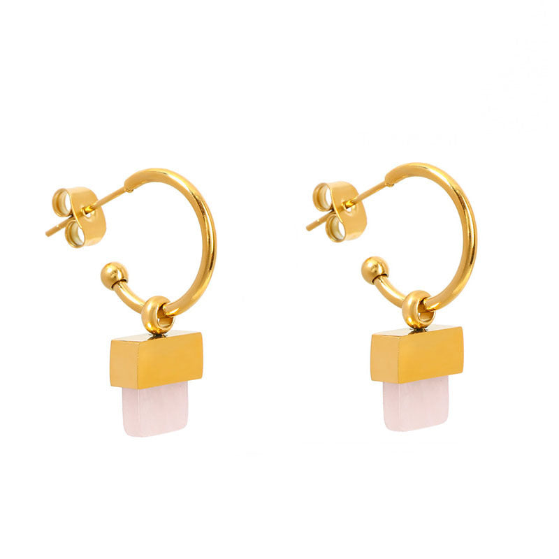 elegant gold hoop earrings with square natural stone geometric pendants on a clean background