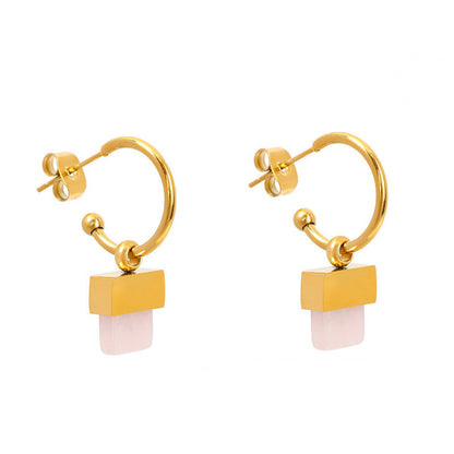 elegant gold hoop earrings with square natural stone geometric pendants on a clean background