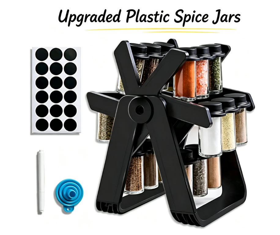 Modern Revolving Spice Rack Organizer – 360° Rotating Kitchen Storage with Premium Glass Jars