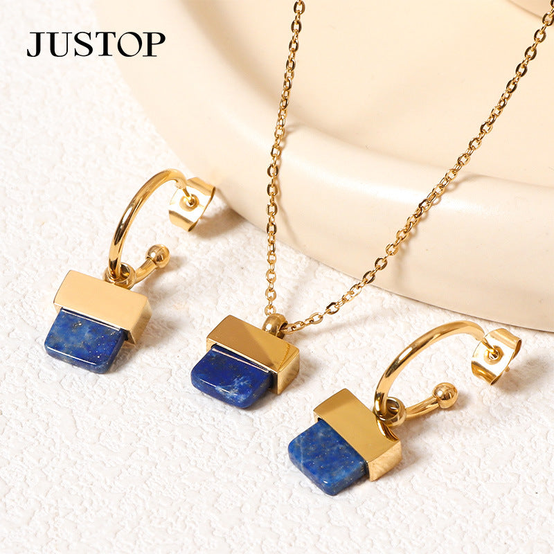 aura square natural stone jewelry set with geometric rectangular genuine gemstone pendant and gold stainless steel chain