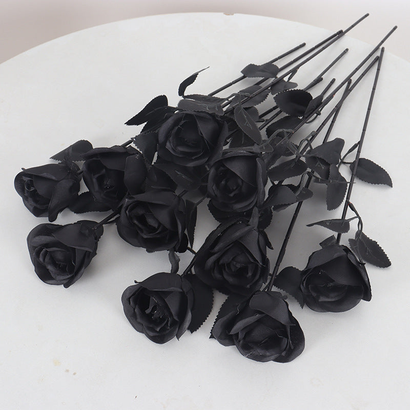 black magic silk rose artificial stem with matte velvet black petals and flexible wire branch for gothic home decor and halloween centerpiece