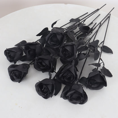 black magic silk rose artificial stem with matte velvet black petals and flexible wire branch for gothic home decor and halloween centerpiece