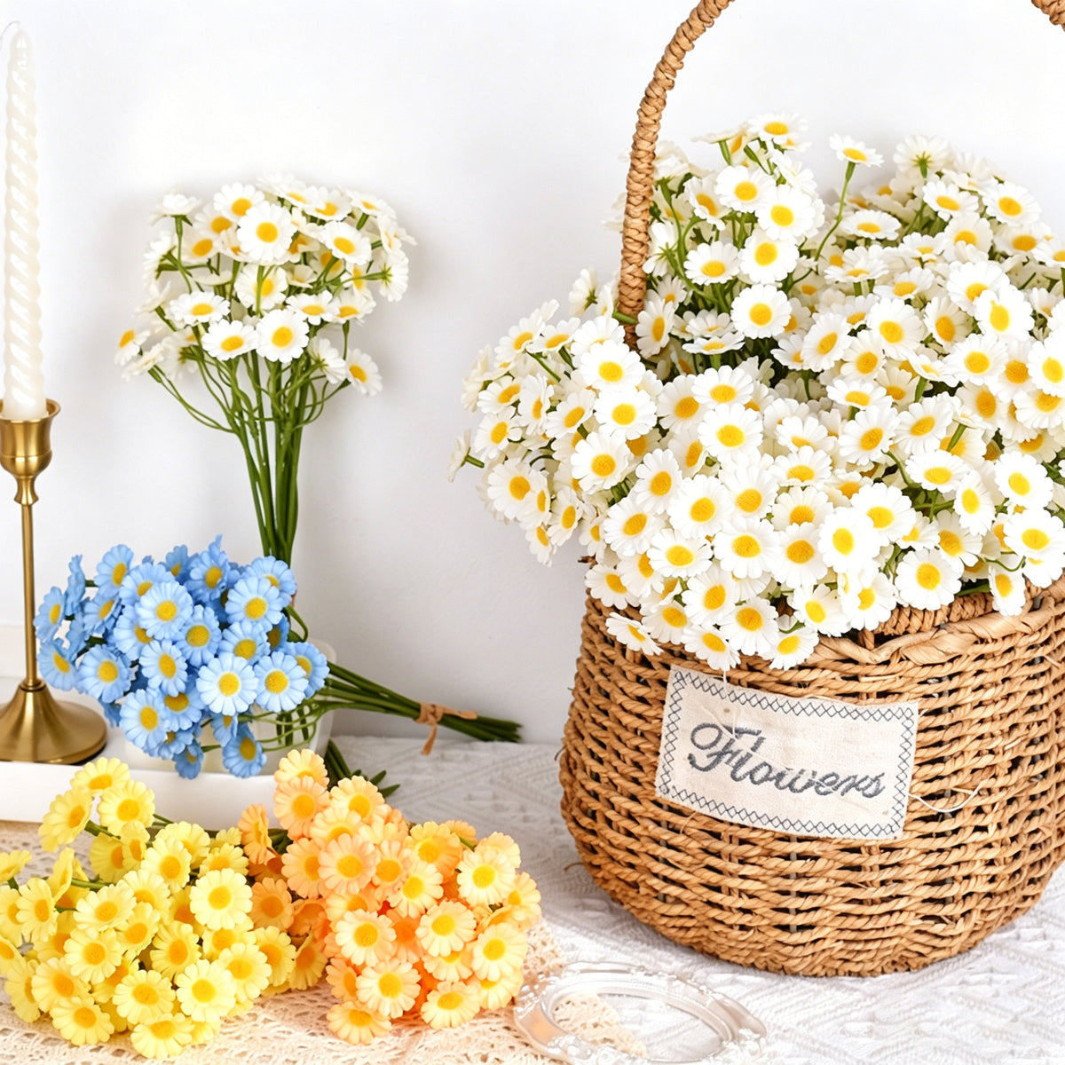 realistic artificial daisy chamomile flower bouquets displayed inside a rustic woven basket for country home decor